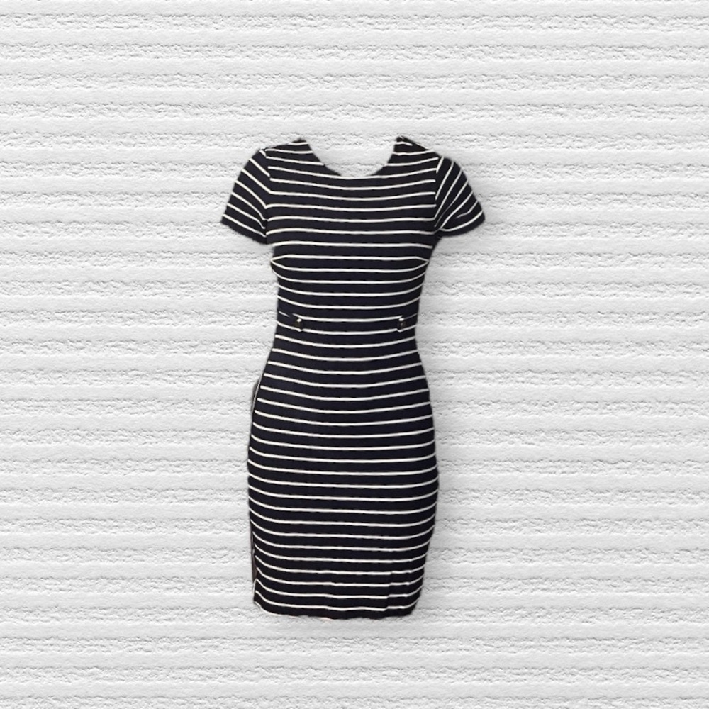 Banana Republic Navy White Striped Professional Work Dress Stretchy Gold Buttons